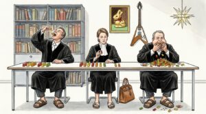 Drei Richter in Roben beraten über Gummibärchen. Zwei wählen einzelne Bärchen sorgfältig nach Farbe aus. Einer votiert abweichend – und zwar entschieden. Three judges in robes deliberating over colorful gummy bears. Two carefully select individual bears by color; one dissents — enthusiastically.